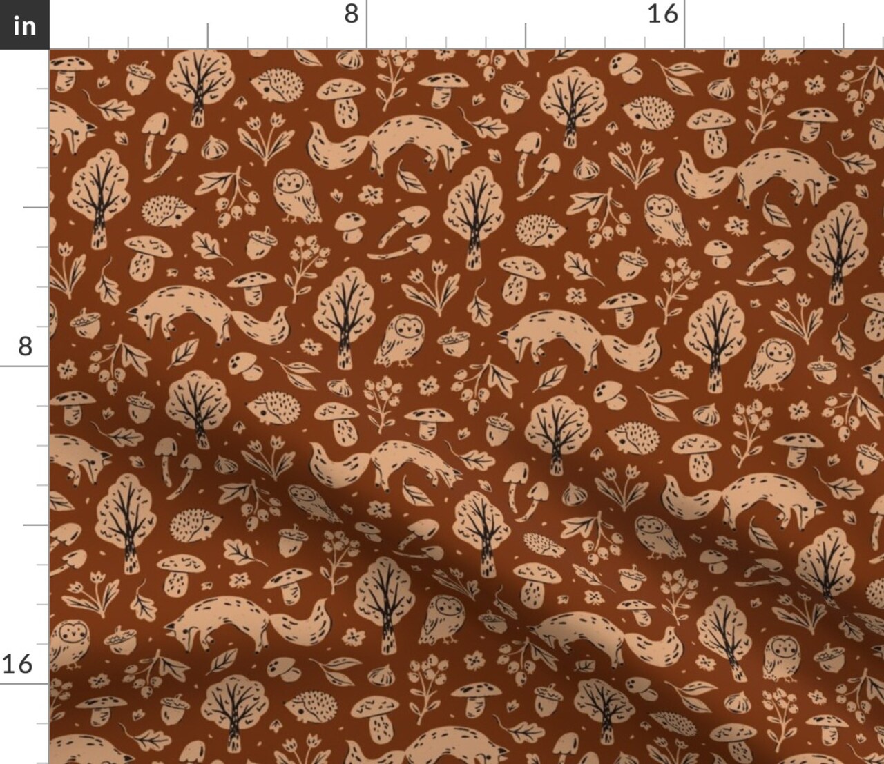 Leaves Hedgehogs Forest Woodland Owls Animals Autumn Fall Fox Botanical Acorns Burnt Orange Block Print Custom Printed Fabric by Spoonflower Various Fabrics by the Yard or Fat Quarter